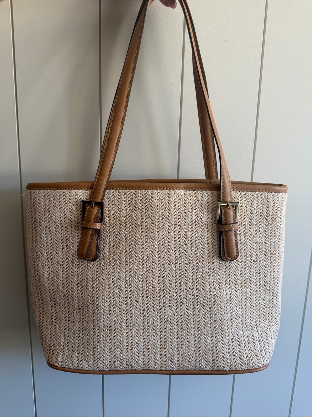 Giani Bernini Cream Woven Tote with Tan Trim